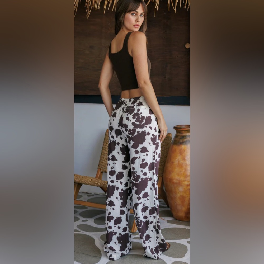 Cali 1850 Printed Linen Pull On Wide Leg Pants - Cow - Picture 2 of 8